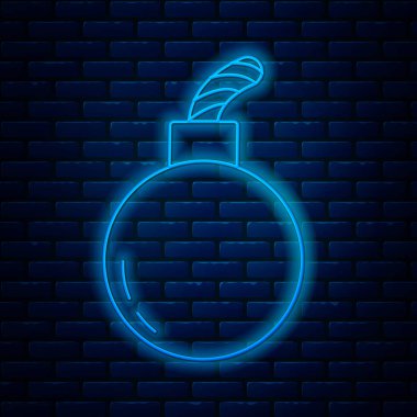 Parlayan neon hattı bombası, tuğla duvar arka planında izole edilmiş ikonu patlatmaya hazır. Vektör İllüstrasyonu