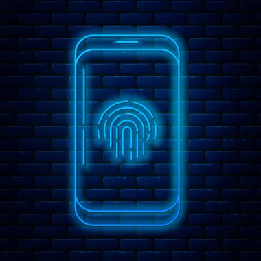 Duvarda izole edilmiş parmak izi tarayıcı simgesi olan parlak neon hattı akıllı telefon. Güvenlik kavramı, cep telefonundan kişisel erişim. Vektör İllüstrasyonu