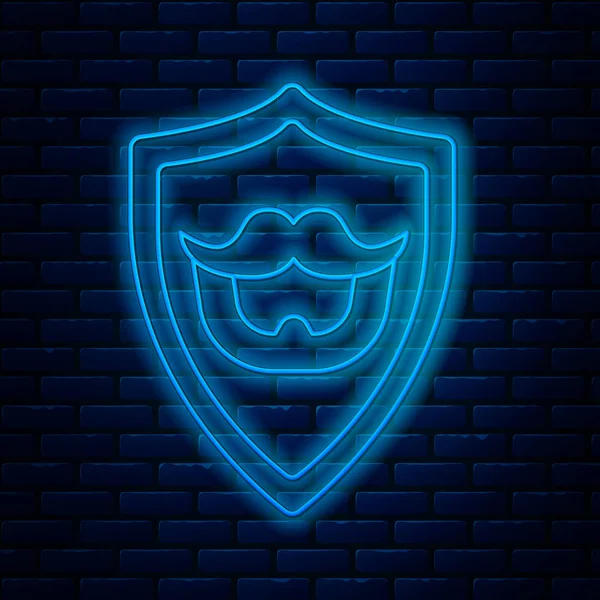Glowing neon line Mustache and beard on shield icon isolated on brick wall background. Barbershop symbol. Facial hair style. Vector Illustration — Stock Vector