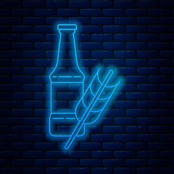 Świecąca neonowa linia Ikona butelki piwa odizolowana na ceglanym tle ściany. Ilustracja wektora — Wektor stockowy
