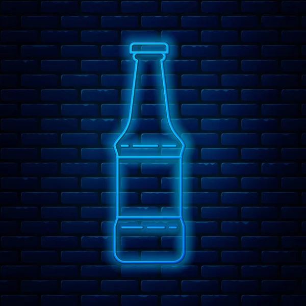 Gloeiende neon lijn Bier fles pictogram geïsoleerd op baksteen muur achtergrond. Vector Illustratie — Stockvector