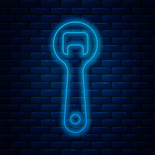 Glowing neon line Bottle opener icon isolated on brick wall background. Vector Illustration — Stock Vector