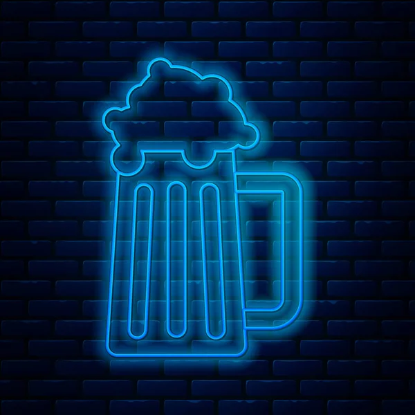 Leuchtende Neon-Linie hölzerne Bierkrug-Symbol isoliert auf Backsteinwand Hintergrund. Vektorillustration — Stockvektor