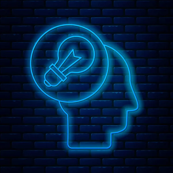 Línea de neón brillante Cabeza humana con el icono de la bombilla de la lámpara aislada en el fondo de la pared de ladrillo. Ilustración vectorial — Vector de stock