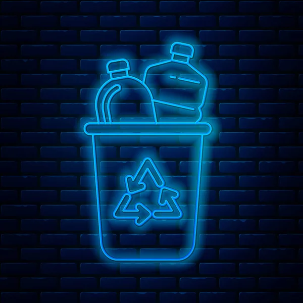 Glowing neon line Recycle bin with recycle symbol icon isolated on brick wall background. Trash can icon. Garbage bin sign. Recycle basket sign. Vector Illustration — Stock Vector