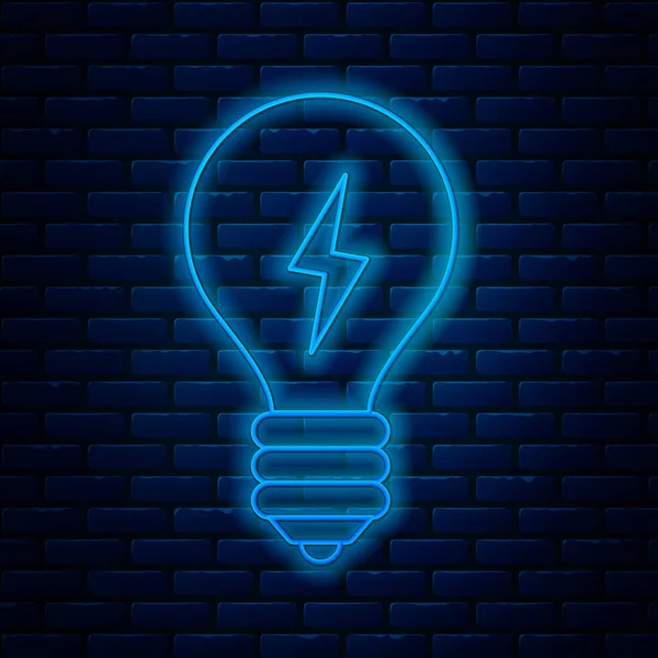 Glödande neon line glödlampa med blixt symbol ikon isolerad på tegel vägg bakgrund. Ljusskylt. Idé symbol. Vektor Illustration — Stock vektor
