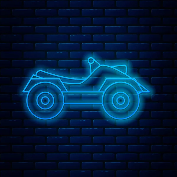 Glowing neon line All Terrain Vehicle 또는 ATV 오토바이 아이콘 벽돌 벽 배경에 분리. 자전거를 태워야지. 극도의 스포츠. 사기적 인 예 — 스톡 벡터