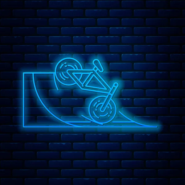 Leuchtende Neon-Line-Fahrrad auf Straßenrampe Symbol isoliert auf Backsteinmauer Hintergrund. Skatepark. Extremsport. Sportgeräte. Vektorillustration — Stockvektor