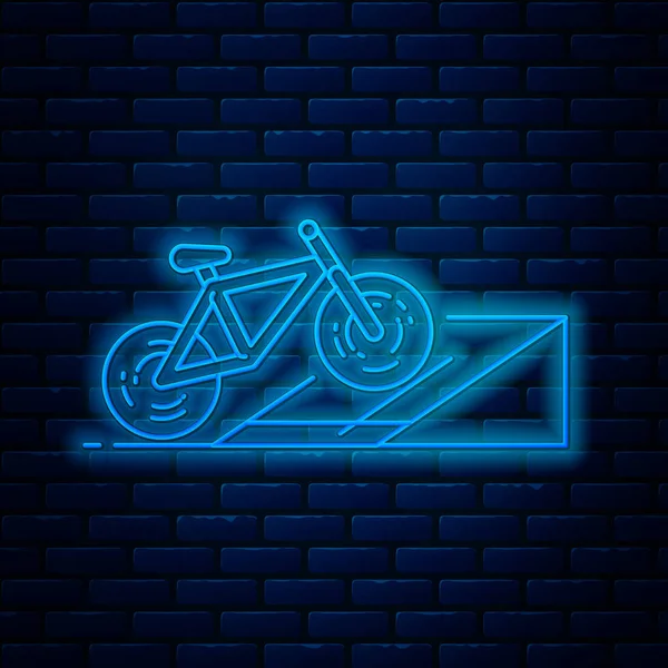 Leuchtende Neon-Line-Fahrrad auf Straßenrampe Symbol isoliert auf Backsteinmauer Hintergrund. Skatepark. Extremsport. Sportgeräte. Vektorillustration — Stockvektor