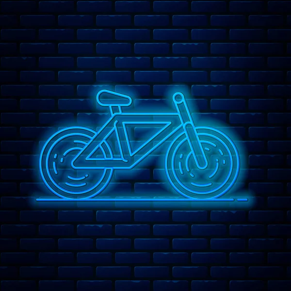 Brillante línea de neón icono de la bicicleta aislado en el fondo de la pared de ladrillo. Carrera de bicicletas. Deporte extremo. Equipamiento deportivo. Ilustración vectorial — Vector de stock