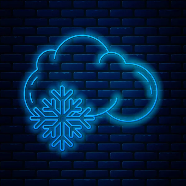 Linea neon incandescente Nuvola con icona di neve isolata su sfondo muro di mattoni. Nuvola con fiocchi di neve. Icona del tempo singolo. Segno di neve. Illustrazione vettoriale — Vettoriale Stock