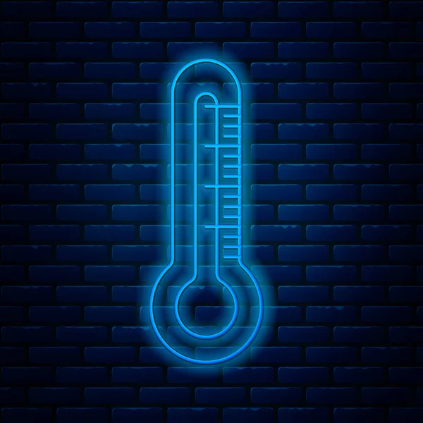レンガの壁の背景に隔離されたネオンライン温度計のアイコンを光る。ベクターイラスト — ストックベクタ