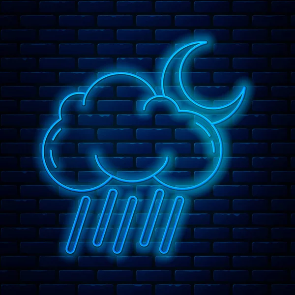 Linha de néon brilhante Nuvem com ícone de chuva e lua isolado no fundo da parede de tijolo. Precipitação de nuvens de chuva com gotas de chuva. Ilustração vetorial — Vetor de Stock