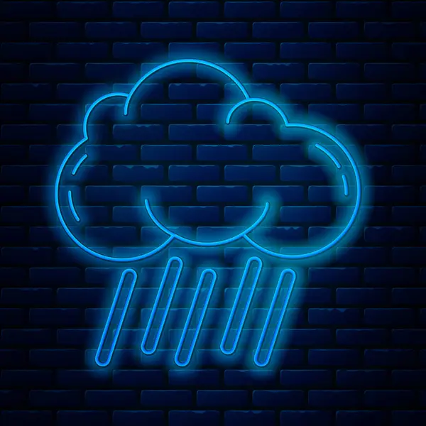 Linea neon luminosa Nuvola con icona pioggia isolata su sfondo muro di mattoni. Pioggia precipitazioni nuvolose con gocce di pioggia. Illustrazione vettoriale — Vettoriale Stock
