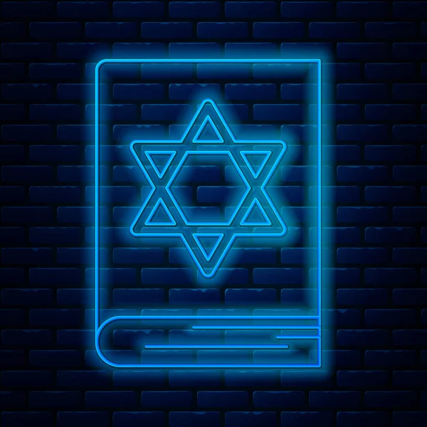 Glödande neon line judisk torah bok ikon isolerad på tegelvägg bakgrund. Moseböckerna. På omslaget till Bibeln är bilden av Davids stjärna. Vektor Illustration — Stock vektor