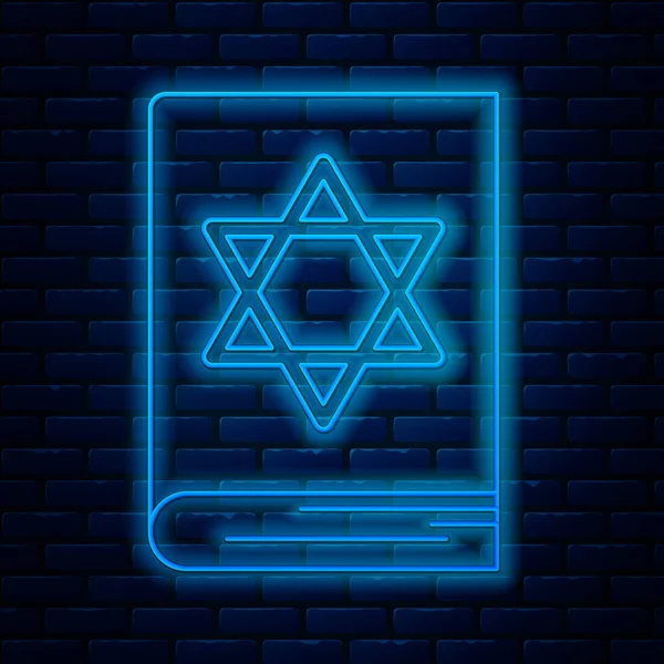 Lumineux néon ligne juive icône du livre de la Torah isolé sur fond de mur de briques. Pentateuque de Moïse. Sur la couverture de la Bible se trouve l'image de l'Étoile de David. Illustration vectorielle — Image vectorielle