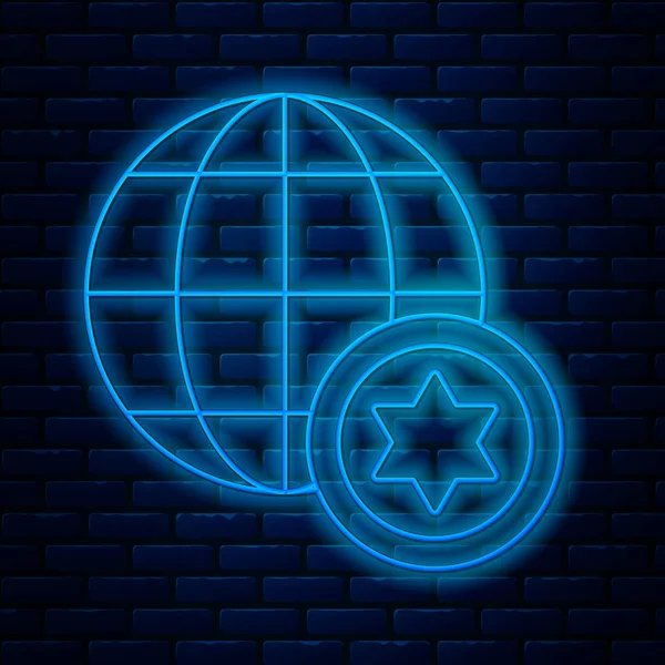 輝くネオンラインワールドグローブとイスラエルのアイコンはレンガの壁の背景に隔離されています。ベクターイラスト — ストックベクタ