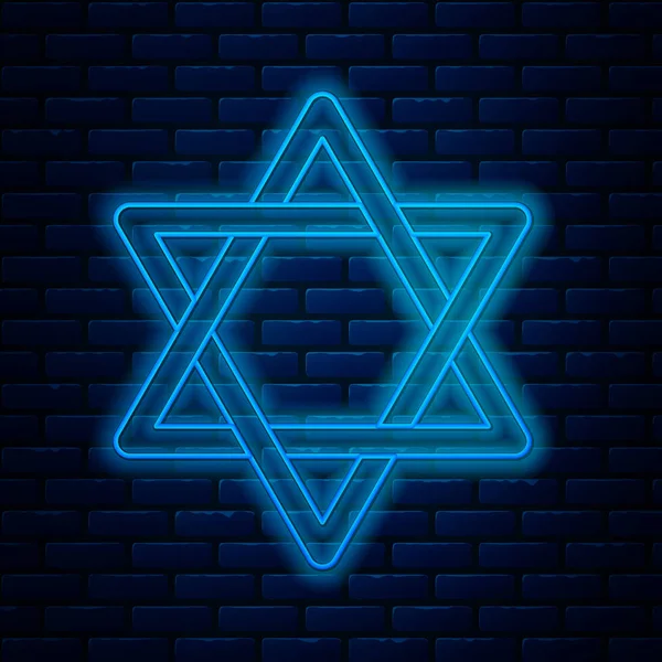 Brillante línea de neón Estrella de David icono aislado en el fondo de la pared de ladrillo. Símbolo religioso judío. Símbolo de Israel. Ilustración vectorial — Vector de stock