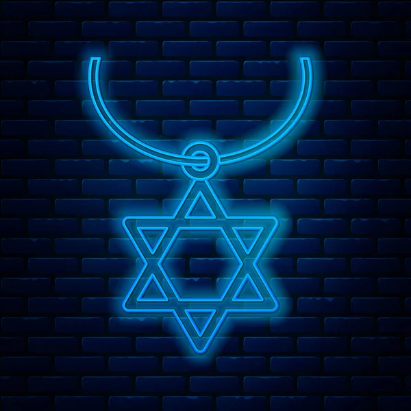 Brillante collar Star of David línea de neón en el icono de la cadena aislado en el fondo de la pared de ladrillo. Símbolo religioso judío. Símbolo de Israel. Joyería y accesorio. Ilustración vectorial — Archivo Imágenes Vectoriales