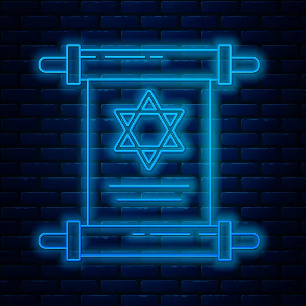 Lumineux néon ligne Torah icône rouleau isolé sur fond de mur de briques. Torah juive sous une forme élargie. Symbole étoile de David. Vieux parchemin de parchemin. Illustration vectorielle — Image vectorielle