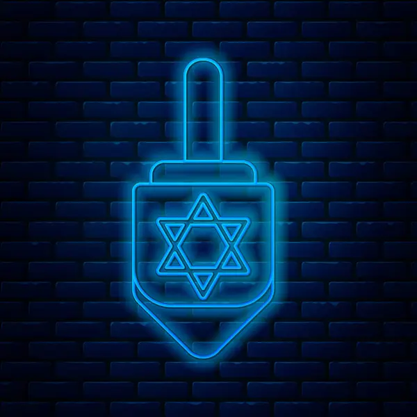 Brillante línea de neón Hanukkah dreidel icono aislado en el fondo de la pared de ladrillo. Ilustración vectorial — Archivo Imágenes Vectoriales