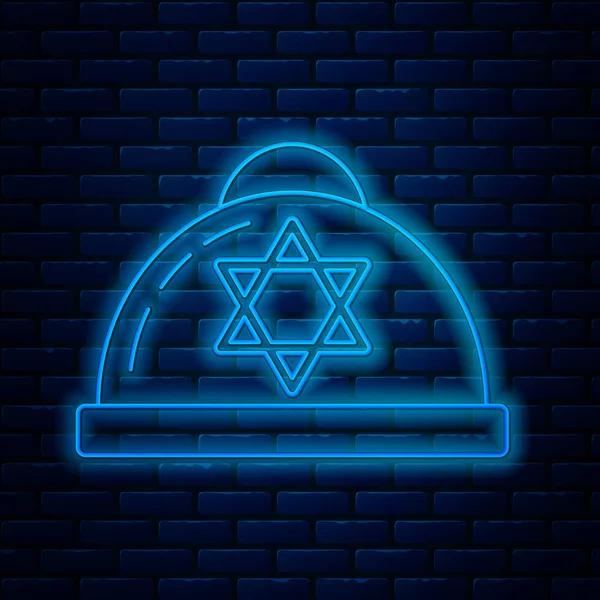 Świecące neon linii żydowskiej kippah z gwiazdą ikony Davida izolowane na tle cegły ściany. Żydowski kapelusz jarmułki. Ilustracja wektora — Wektor stockowy