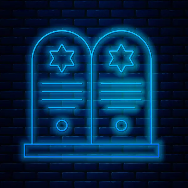 ネオンラインを輝くレンガの壁の背景に孤立デビッドアイコンの星とトムストーン。ユダヤ人の墓石墓石のアイコンだベクターイラスト — ストックベクタ
