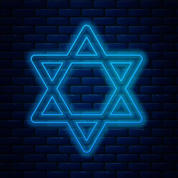Linha de néon brilhante ícone Estrela de David isolado no fundo da parede de tijolo. Símbolo religioso judeu. Símbolo de Israel. Ilustração vetorial —  Vetores de Stock