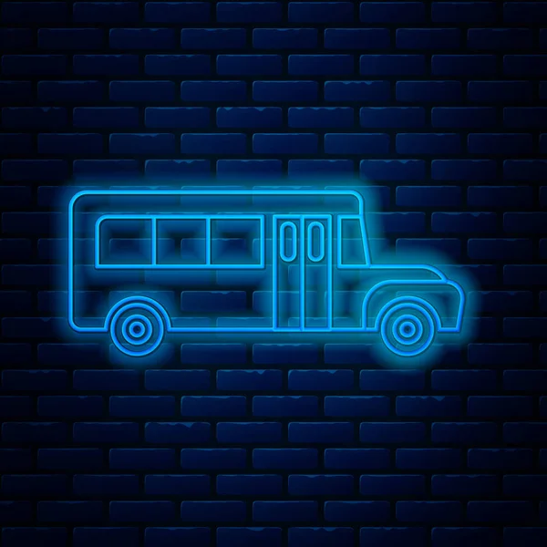 Lumineux néon ligne bus scolaire icône isolée sur fond de mur de briques. Symbole des transports publics. Illustration vectorielle — Image vectorielle