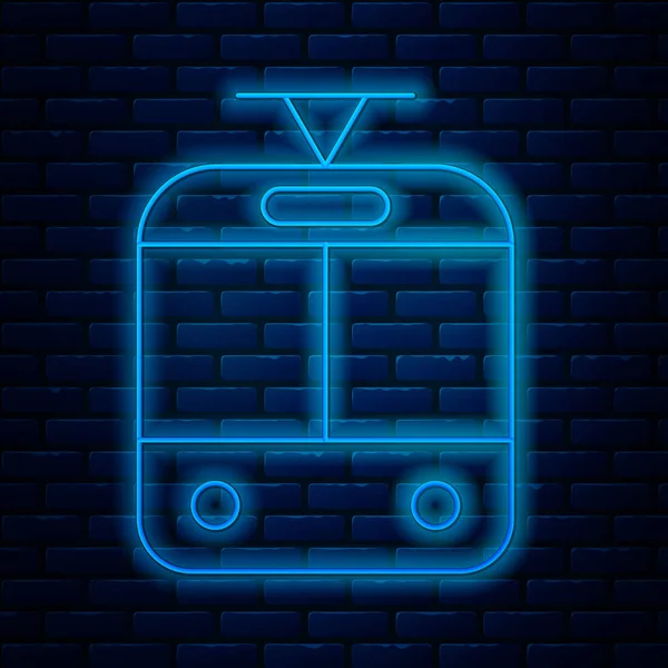 Linha de néon brilhante Tram e ícone ferroviário isolado no fundo da parede de tijolo. Símbolo de transporte público. Ilustração vetorial — Vetor de Stock