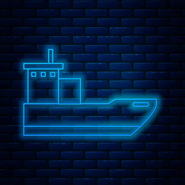 Glödande neon linje Cargo fartyg ikon isolerad på tegel vägg bakgrund. Vektor Illustration — Stock vektor