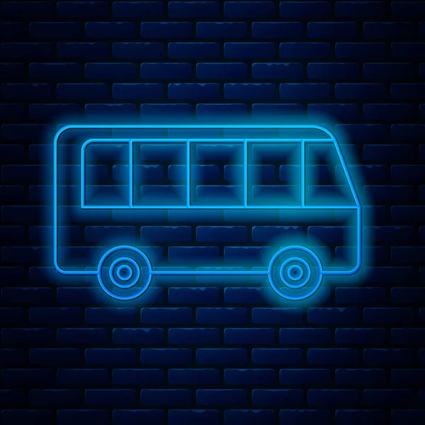 Ligne fluo lumineuse Icône de bus isolée sur fond de mur de briques. Concept de transport. Panneau de transport en bus. Symbole touristique ou véhicule public. Illustration vectorielle — Image vectorielle