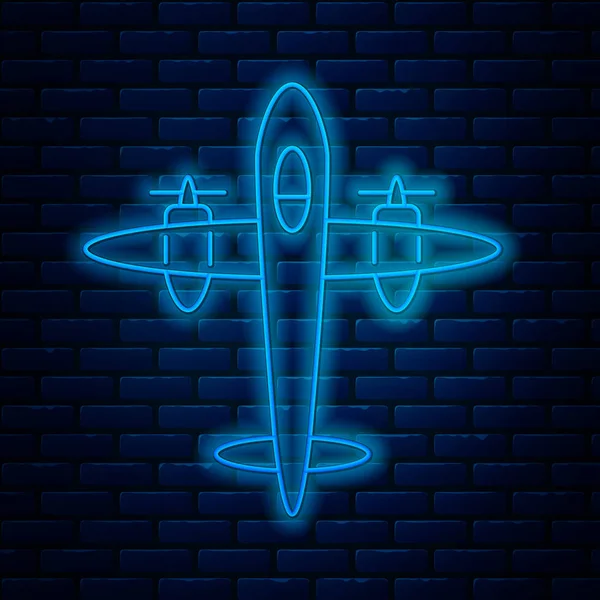 Glühende Neon-Linie alte Retro-Oldtimer-Flugzeug-Symbol isoliert auf Backsteinwand Hintergrund. Flugzeugikone. Verkehrszeichen. Vektorillustration — Stockvektor