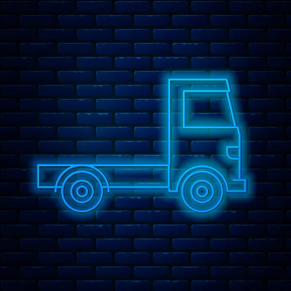 Brillante línea de neón entrega camión de carga icono del vehículo aislado en el fondo de la pared de ladrillo. Ilustración vectorial — Vector de stock