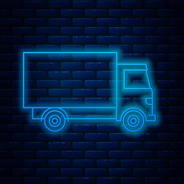 Glowing neon line Delivery cargo truck vehicle icon isolated on brick wall background. Vector Illustration — Stock Vector