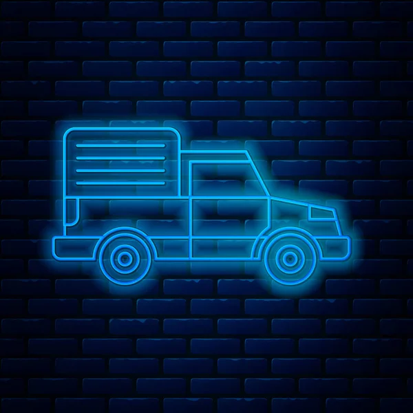 Glowing neon line Delivery cargo truck vehicle icon isolated on brick wall background. Vector Illustration — Stock Vector