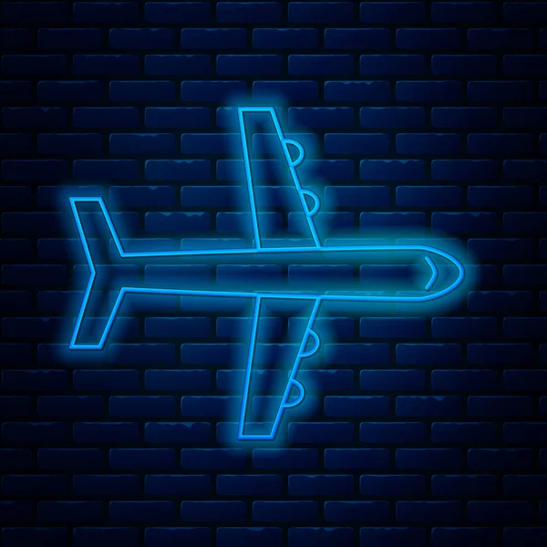 Linha de néon brilhante ícone de avião isolado no fundo da parede de tijolo. Ícone de avião voador. Sinal de avião. Ilustração vetorial — Vetor de Stock