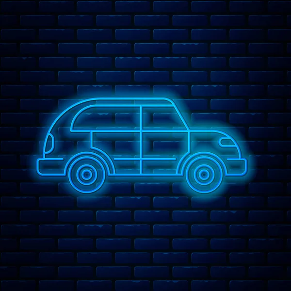 Glowing neon line Hatchback car icon isolated on brick wall background. Vector Illustration — Stok Vektör