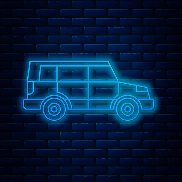 Brilhante linha de néon Off estrada ícone do carro isolado no fundo da parede de tijolo. Sinal de jipe. Ilustração vetorial — Vetor de Stock