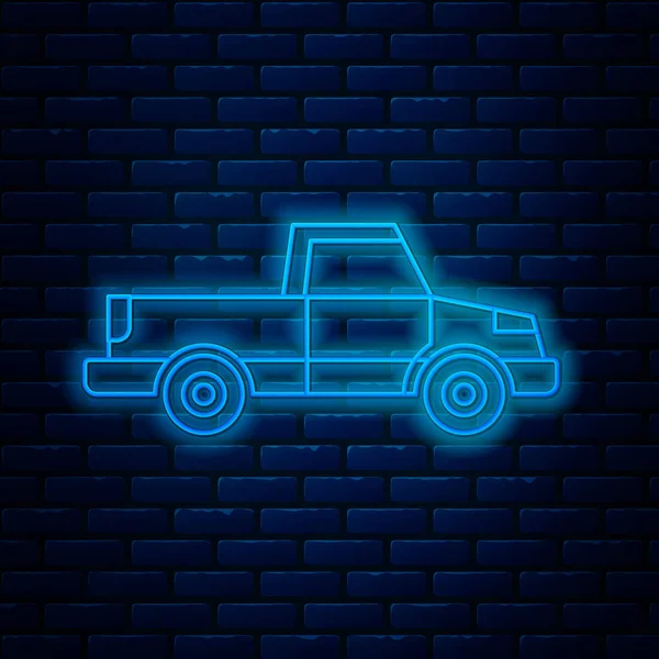 Ragyogó neon vonal Pickup teherautó ikon elszigetelt téglafal háttér. Vektorillusztráció — Stock Vector