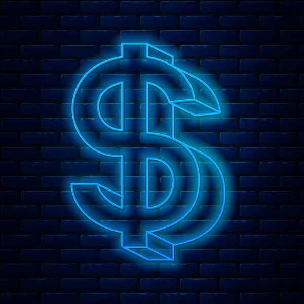 Gloeiende neon lijn Dollar symbool pictogram geïsoleerd op baksteen muur achtergrond. Geld en geld, rijkdom, betaalsymbool. Casino gokken. Vector Illustratie — Stockvector