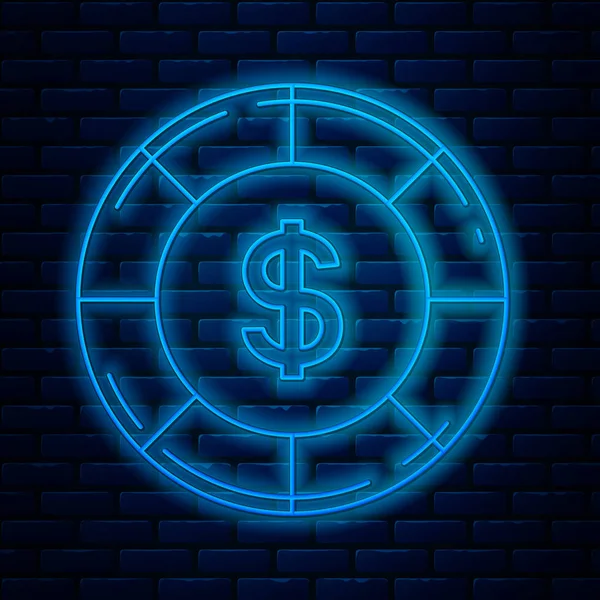 Brillante línea de neón Casino chip con símbolo de dólar icono aislado en el fondo de la pared de ladrillo. Juego de casino. Ilustración vectorial — Vector de stock