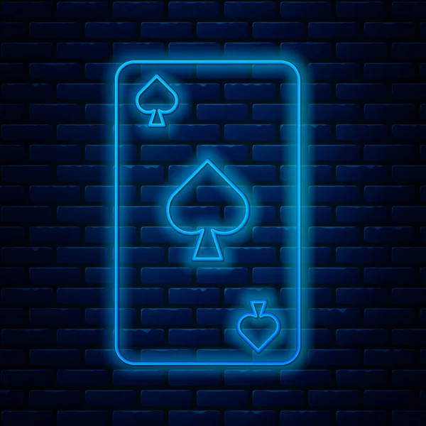Ligne lumineuse néon Carte à jouer avec icône symbole pique isolé sur fond de mur de briques. Casino de jeu. Illustration vectorielle — Image vectorielle