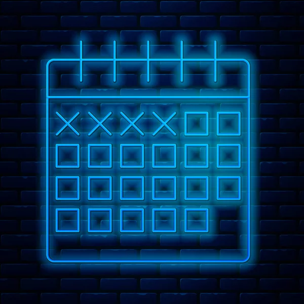 Icono de calendario de línea de neón brillante aislado en el fondo de la pared de ladrillo. Ilustración vectorial — Archivo Imágenes Vectoriales