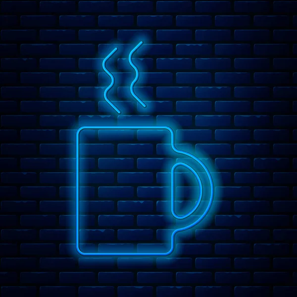 Brillante línea de neón icono taza de café aislado en el fondo de la pared de ladrillo. Taza de té. Café caliente. Ilustración vectorial — Archivo Imágenes Vectoriales