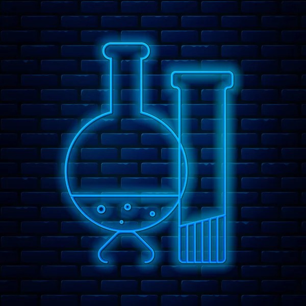 Zářící neonová linka Zkušební zkumavka a baňka - ikona chemické laboratorní zkoušky izolovaná na pozadí cihlové stěny. Laboratorní značka skla. Vektorová ilustrace — Stockový vektor