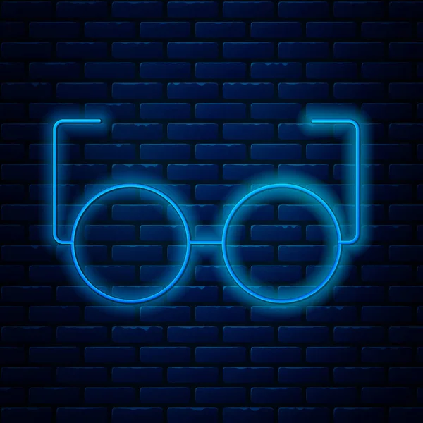Ligne lumineuse néon Icône de lunettes isolée sur fond de mur de briques. Symbole de monture de lunettes. Illustration vectorielle — Image vectorielle