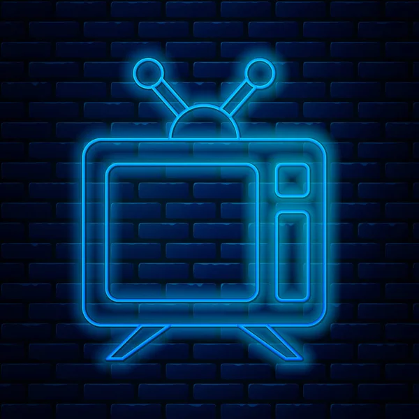 Glowing neon line Tv icon isolated on brick wall background. Television sign. Vector Illustration — Stock Vector