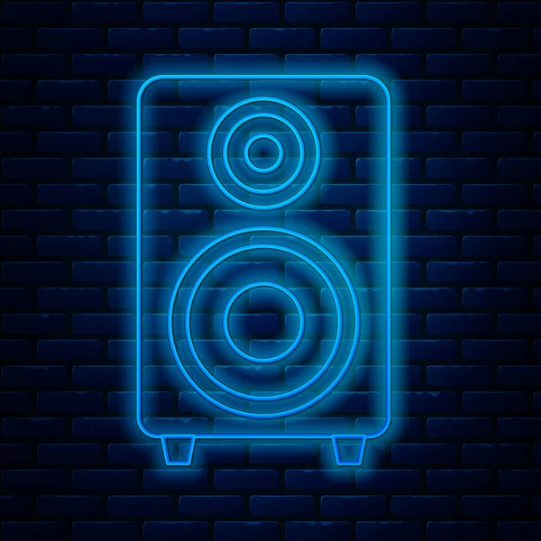 Glödande neon linje Stereo högtalare ikon isolerad på tegel vägg bakgrund. Högtalare för ljudsystem. Musikikonen. Musikalisk kolonn högtalare basutrustning. Vektor Illustration — Stock vektor