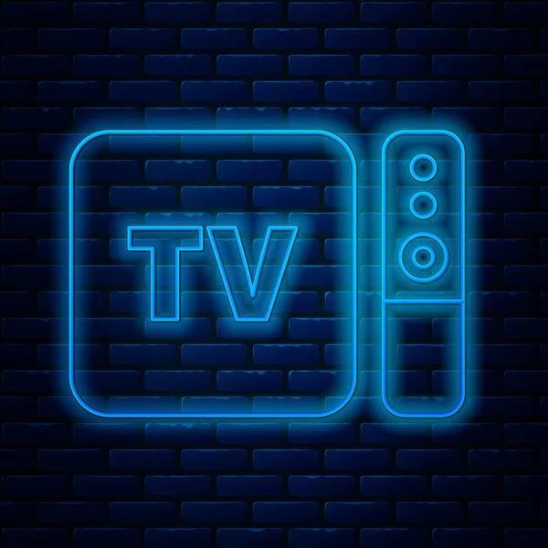 Świecący neon linii Multimedia i odbiornik TV box i odtwarzacz z ikoną zdalnego sterowania izolowane na tle cegły ściany. Ilustracja wektora — Wektor stockowy